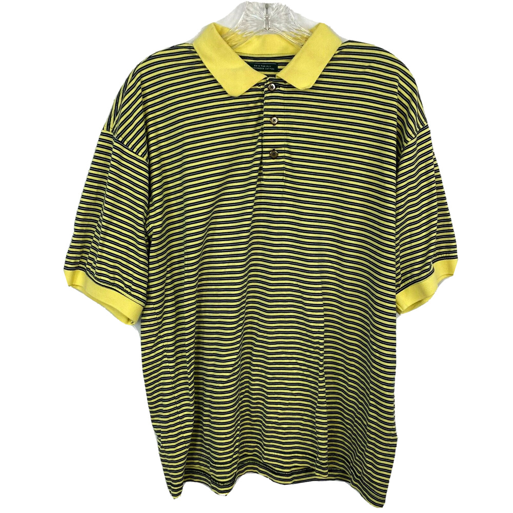 Bolle Polo Shirt Mens‎ Sz M Yellow Navy Blue Striped Cotton Short Sleeve Golf